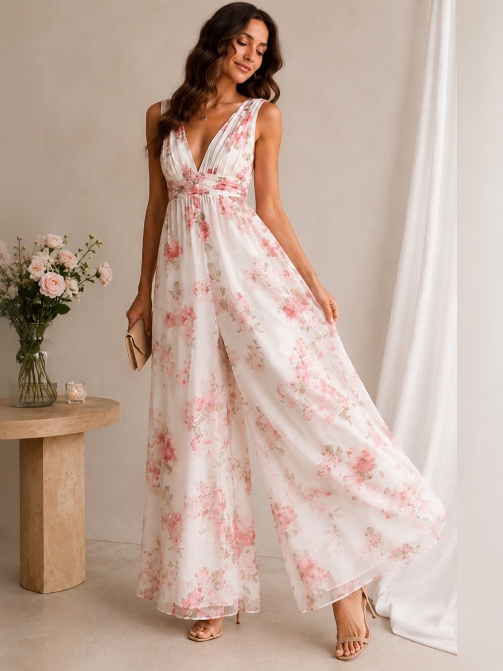 Lulus Pink Floral Chiffon Wide Leg Jumpsuit Size Small Wedding Guest NWT